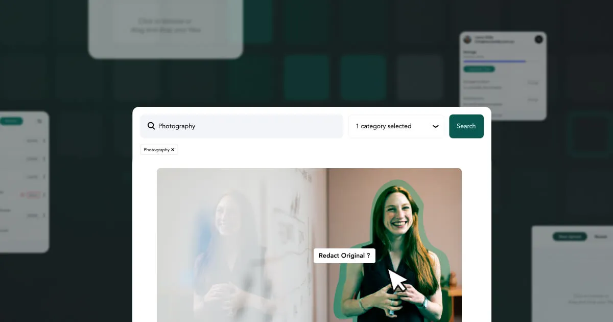 Aetopia AI Redact: search results panel with a person selected and a Redact Original confirmation prompt
