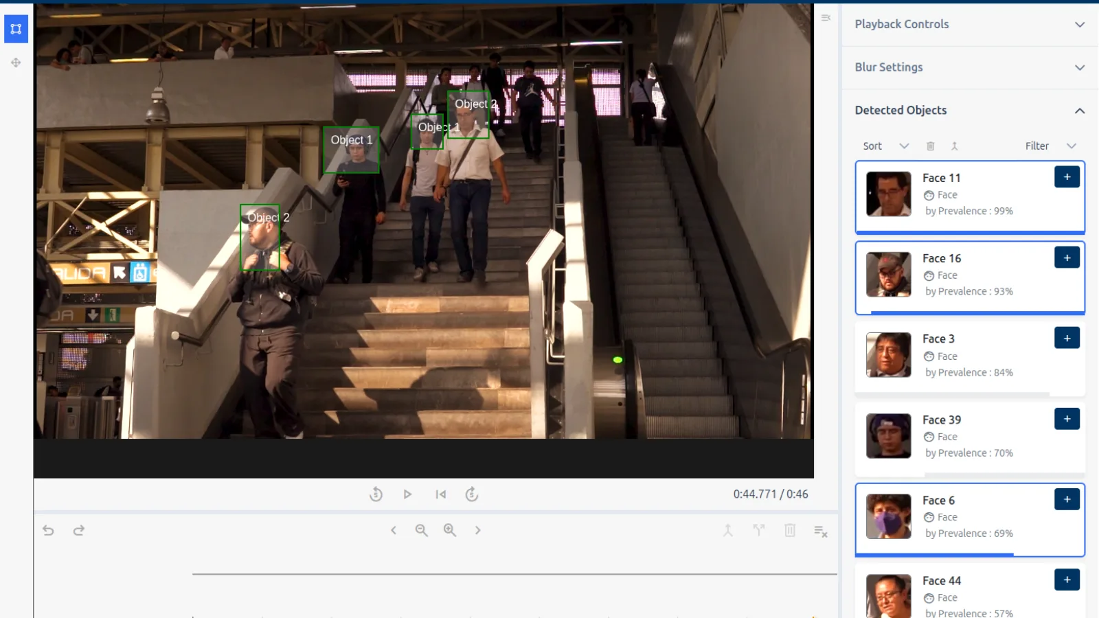 AI Redact processing station CCTV footage of commuters on stairs and an escalator, with multiple faces detected and queued for reviewer approval