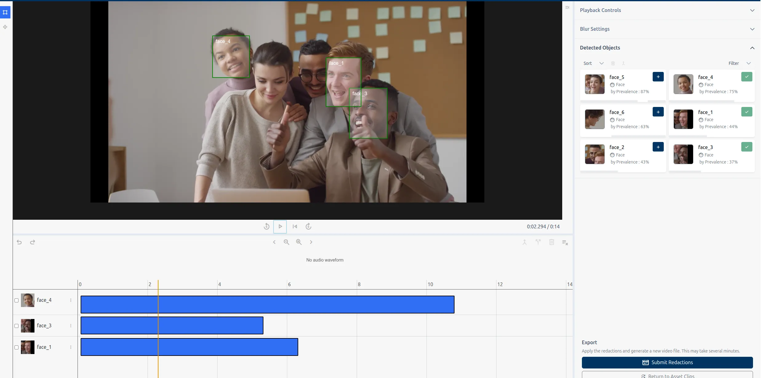 AI Redact video redaction interface showing automatic face detection and reviewer approval workflow