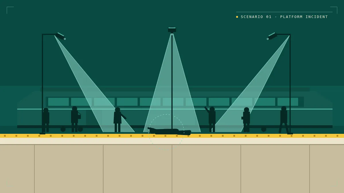 Stylised UK rail platform with three CCTV cameras casting capture cones; one passenger has fallen near the platform edge with bystander silhouettes either side, a train carriage behind