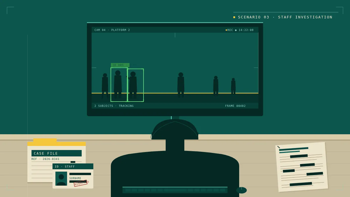 Stylised review-desk scene: a monitor showing CCTV from CAM 04 with two detected subjects (ID 001 boxed) on a platform, beside a CASE FILE folder, a staff ID with a redacted surname strip, and a printed page with black redaction bars over the text