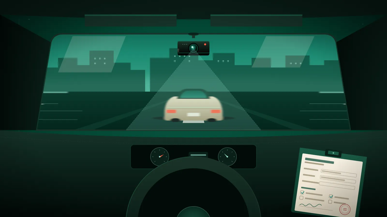 Stylised car interior with dashcam, view through windscreen and a claims clipboard