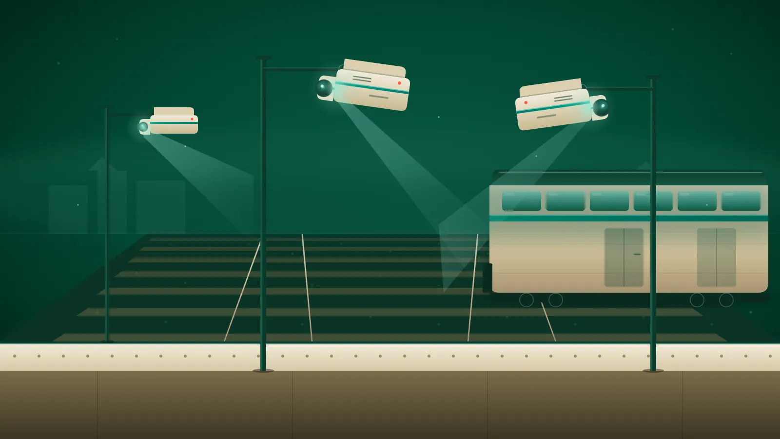Stylised railway platform with three CCTV cameras and a train carriage