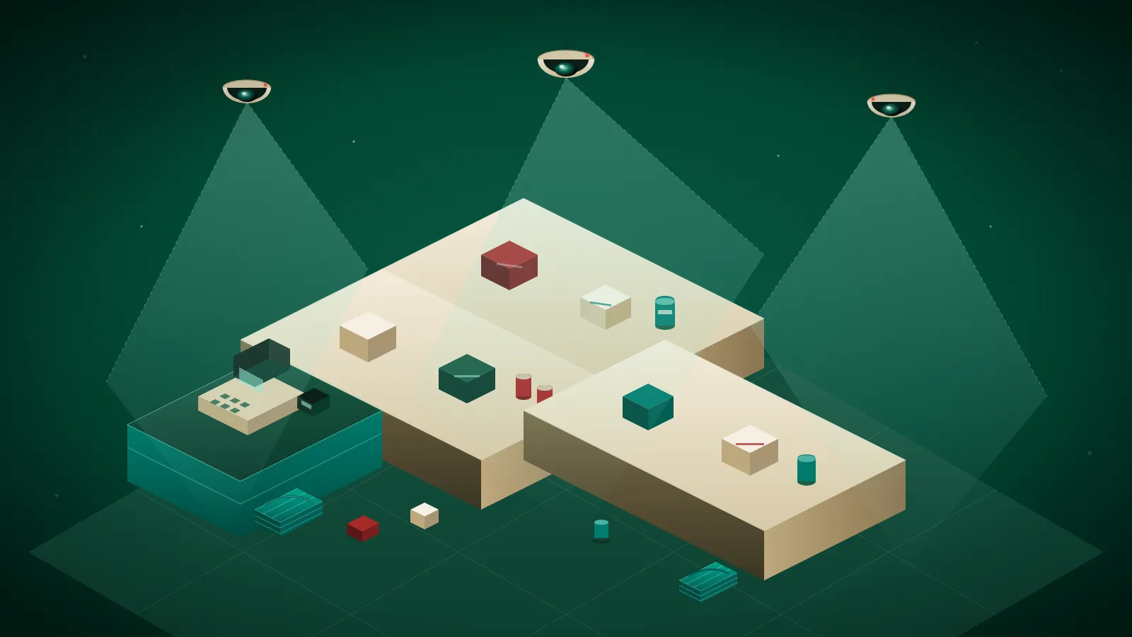 Isometric retail store floor with three ceiling-mounted CCTV cameras and shelving