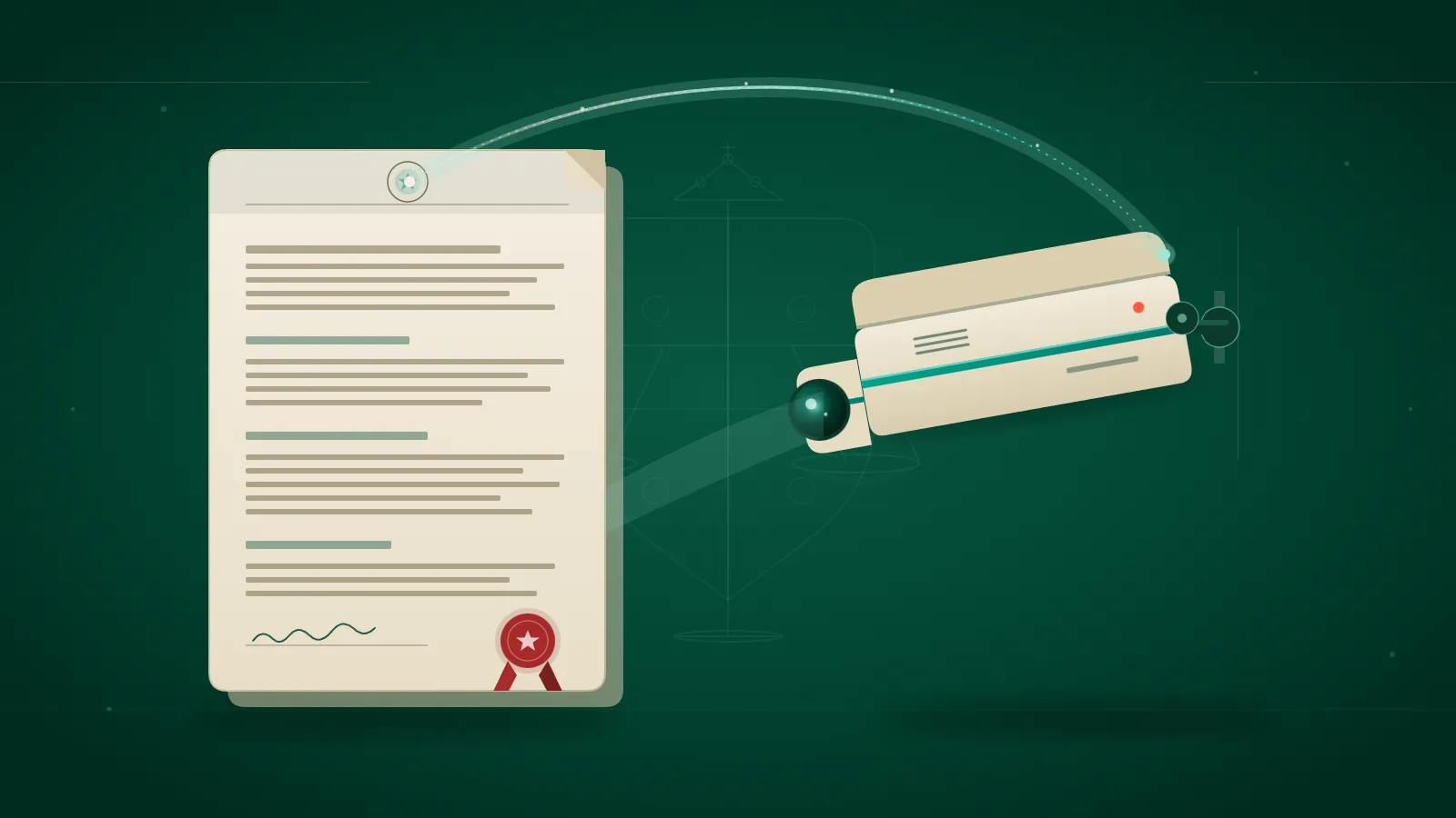 Legal document and CCTV camera connected by a regulatory arc