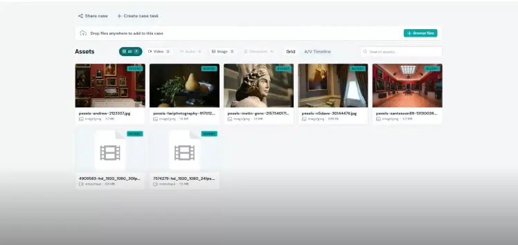 Aetopia Evidence platform showing the evidence asset library view