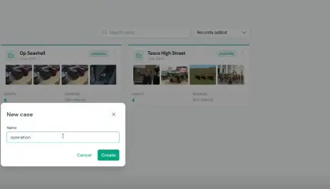 Aetopia Evidence interface showing the create a new investigation workflow
