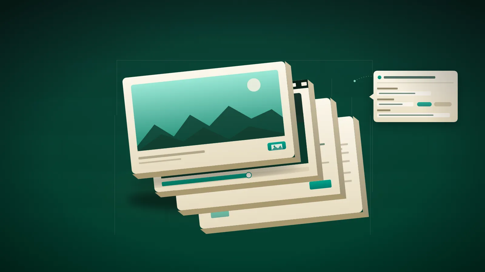 An organised stack of digital asset cards with a floating metadata panel on a teal background