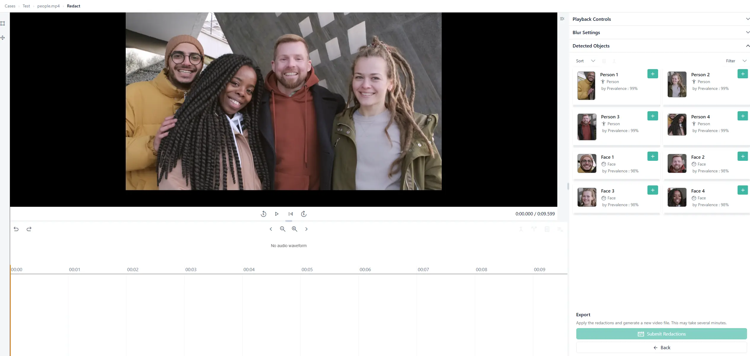 Aetopia Evidence AI Redact interface showing detected faces and persons identified in video footage