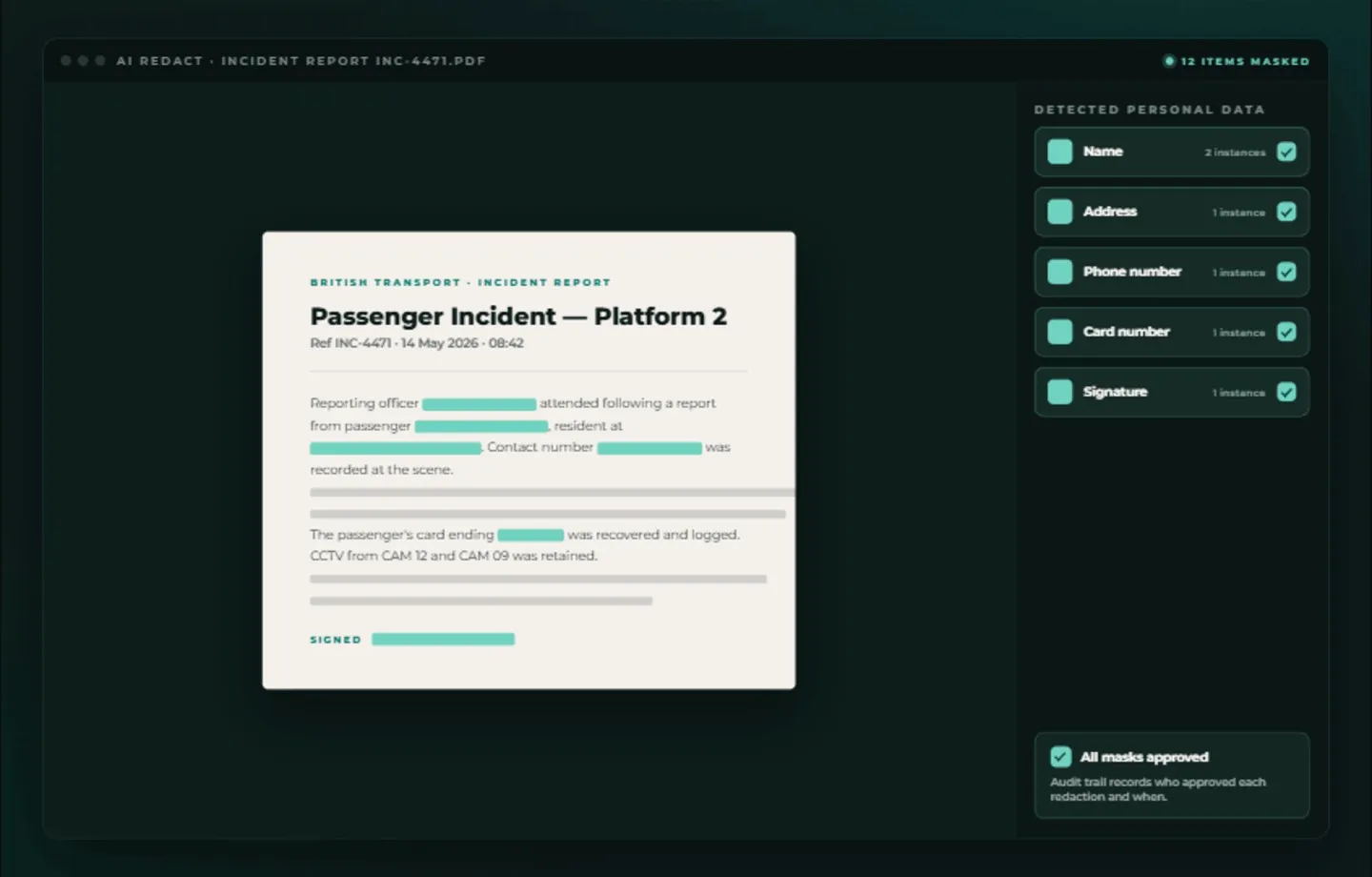 AI Redact document redaction interface showing a British Transport incident report with names, addresses and other personal data detected and masked