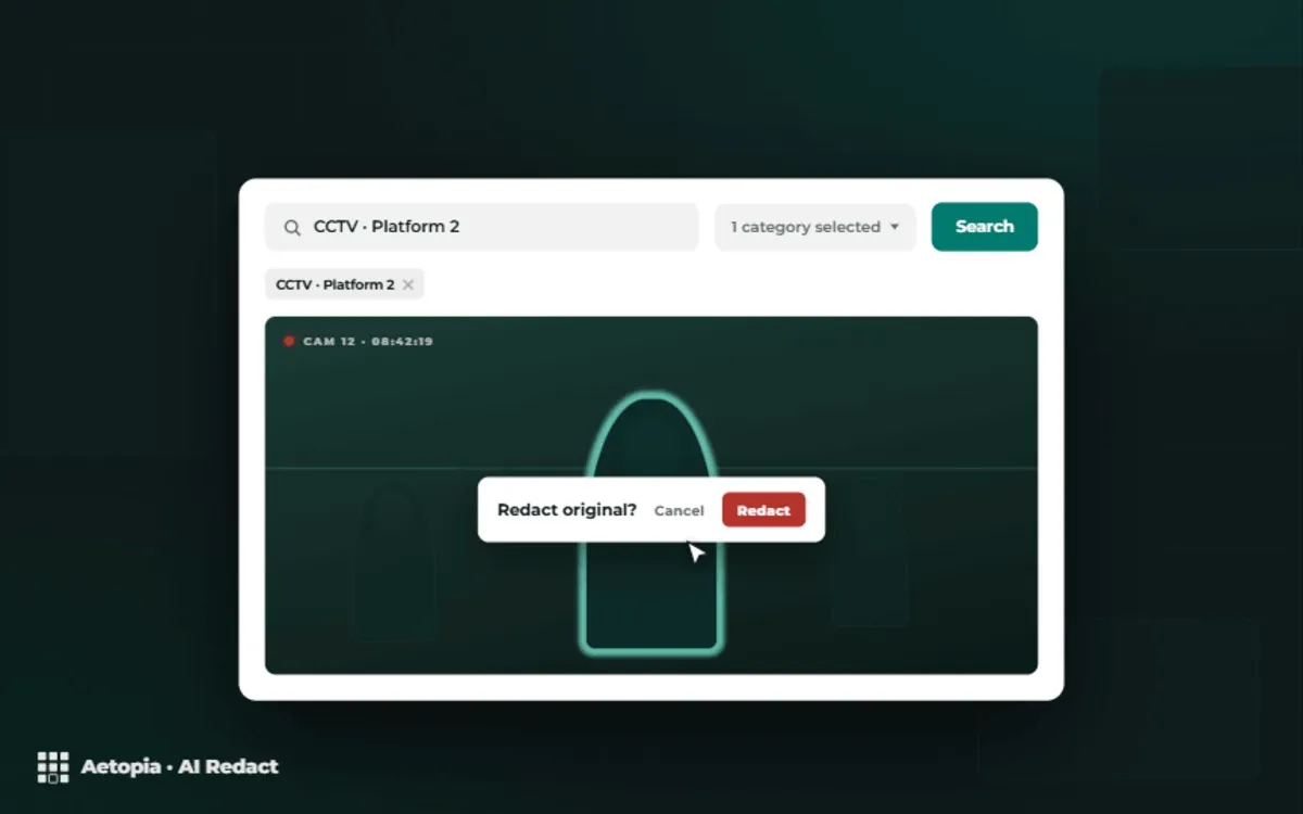 AI Redact interface showing CCTV Platform 2 footage with a Redact Original confirmation prompt